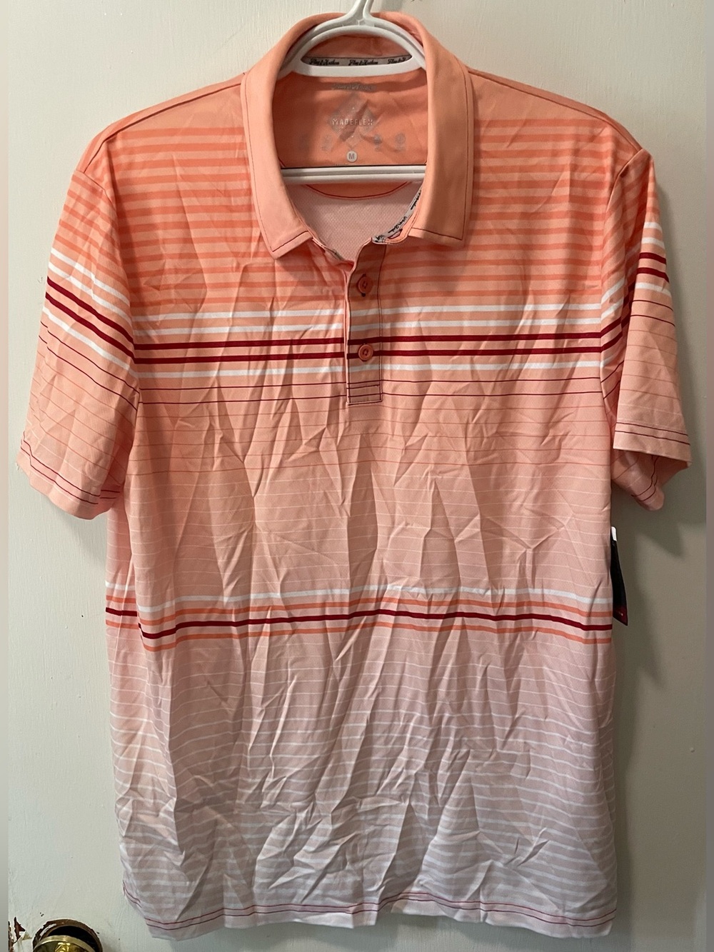 Flag & Anthem Men’s Striped Golf Polo Shirt Short Sleeves Coral White Red Medium